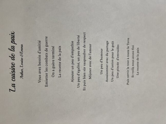 Fifth grade students wrote poems called, Recipe for peace.