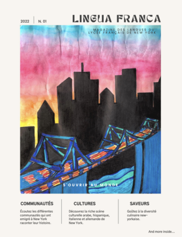 Cover image of Lingua Franca with a city skyline painted in watercolor.